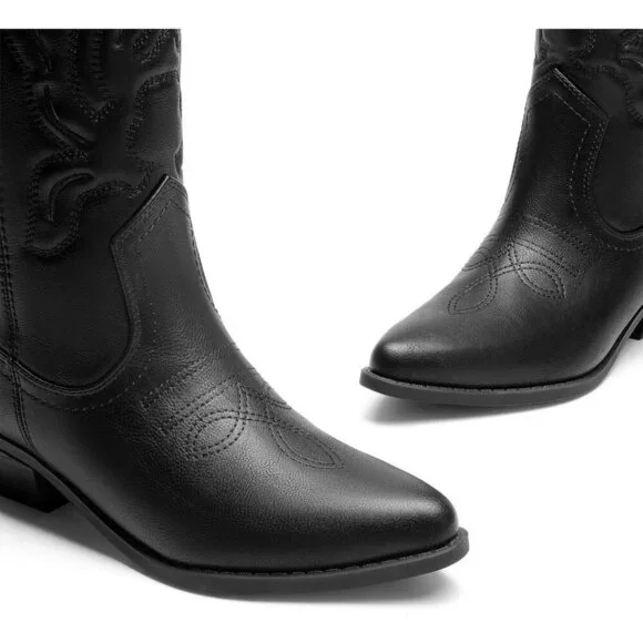 Women's Cowboy Mid Calf Cowgirl Boots Embroidery Stitched Black Western Boots - Picture 5 of 8